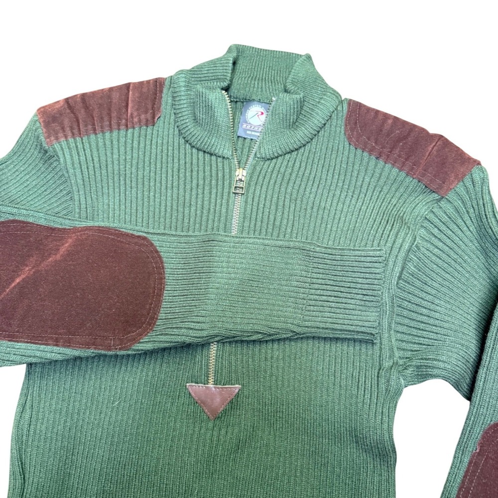 Rothco Commando Sweater Mens Medium Green Ribbed 1/4‎ Zip Shoulder Elbow Patches